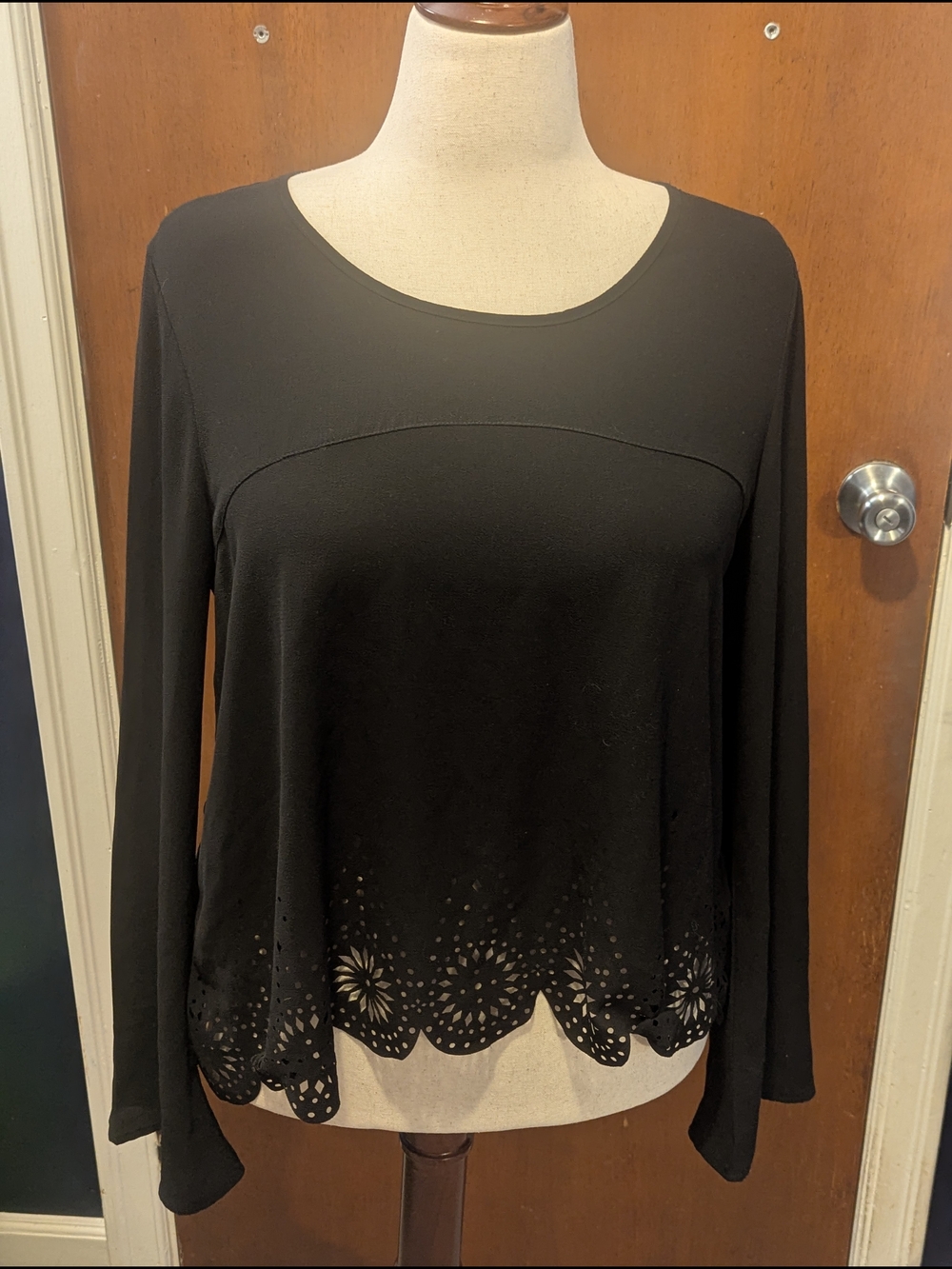 Self Esteem Black Long-Sleeve Top with Laser-Cut Scalloped Hem